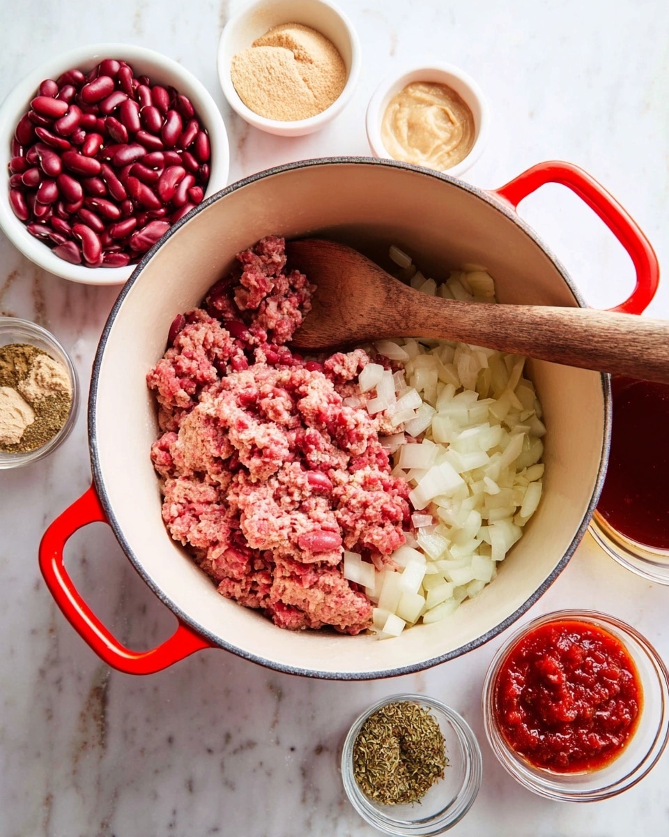 A white pot with red handles sits on a white marbled surface. Inside the pot are three layers: the bottom layer is chopped onions with a soft white color, the middle layer is a mix of raw ground meat with a pink and red texture, and on top rests a wooden spoon placed diagonally with a brown tone. Around the pot, there are small white bowls containing red kidney beans, light brown powder, creamy beige paste, and dried herbs. Additionally, there is a glass bowl with dark brown liquid and a clear bowl with a chunky red sauce on the surface. photo taken with an iphone --ar 4:5 --v 7