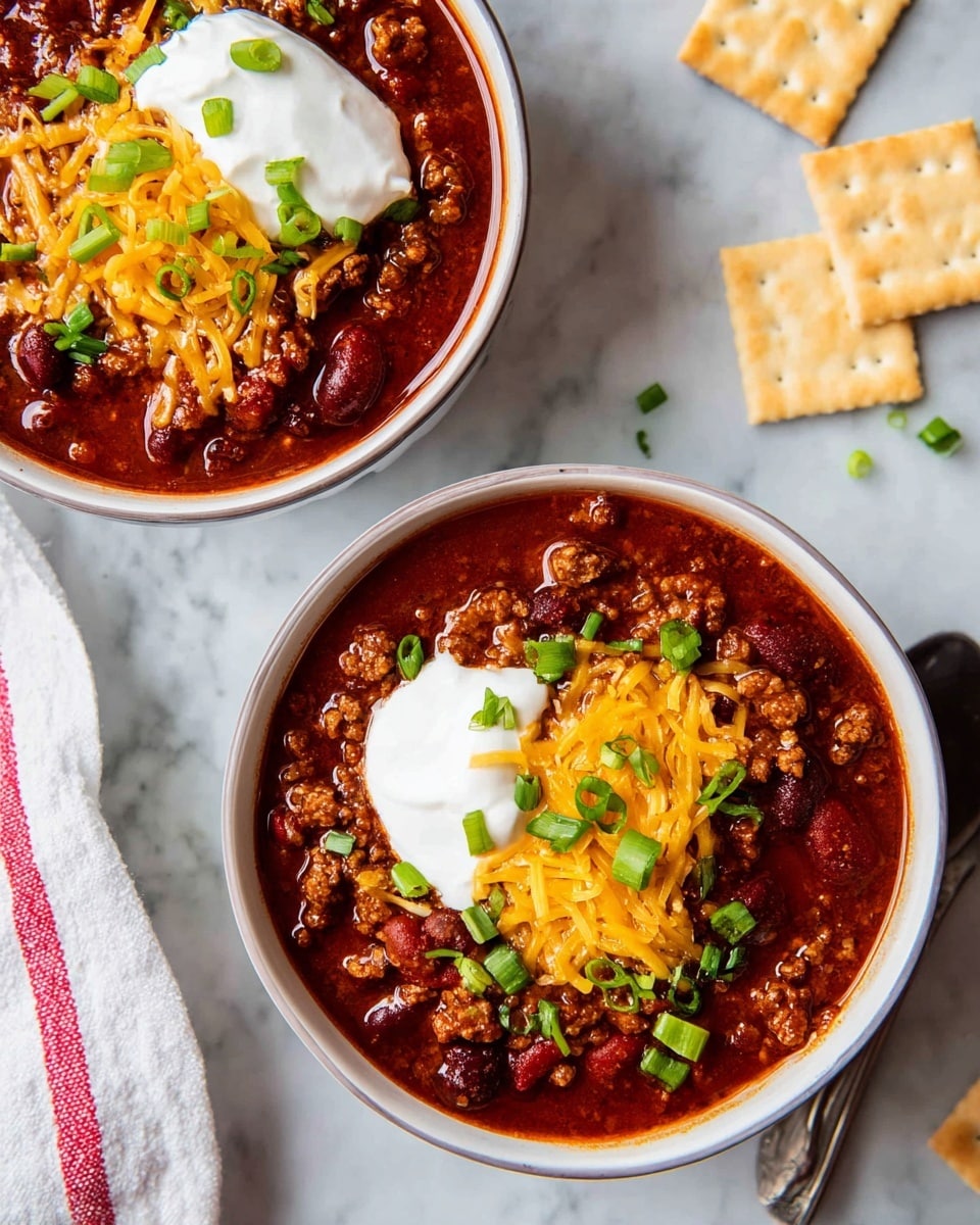 Two white bowls filled with dark red chili containing ground meat and beans stand on a white marbled surface. Each bowl has three layers on top: bright orange shredded cheese closest to the chili, a dollop of smooth white sour cream in the center, and scattered fresh green chopped spring onions. Around the bowls, there are square saltine crackers with a slightly toasted color, some resting near the bowls and some scattered on the surface. A white cloth with red stripes is partly visible in the bottom left corner. Photo taken with an iphone --ar 4:5 --v 7