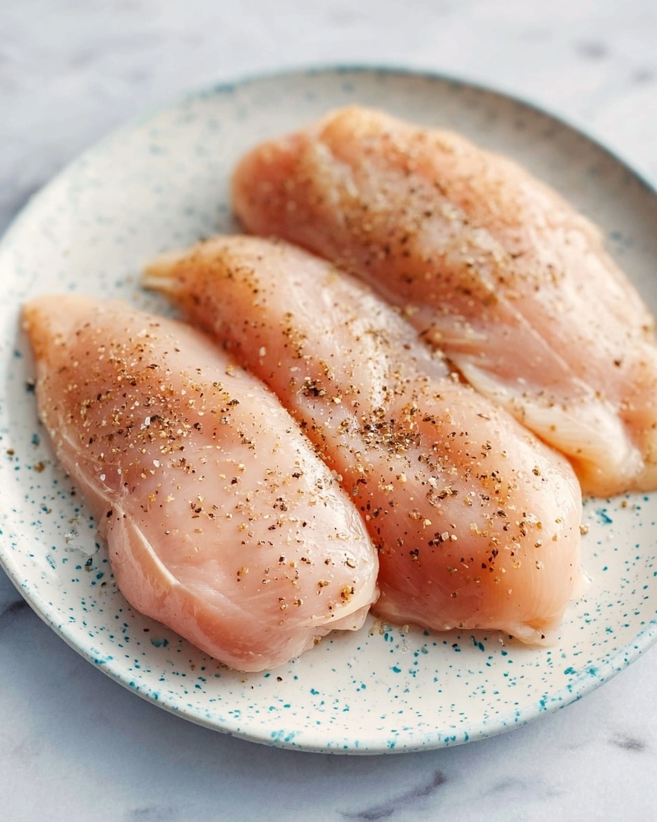 Three raw chicken fillets lightly sprinkled with coarse black pepper and seasoning are arranged side by side on a white plate with blue speckles. The chicken pieces vary slightly in shape and size, showing a smooth, pale pink texture with some glossy wet spots. The plate sits on a white marbled surface, adding a clean and fresh background. The lighting is soft, emphasizing the natural color and texture of the chicken fillets photo taken with an iphone --ar 4:5 --v 7