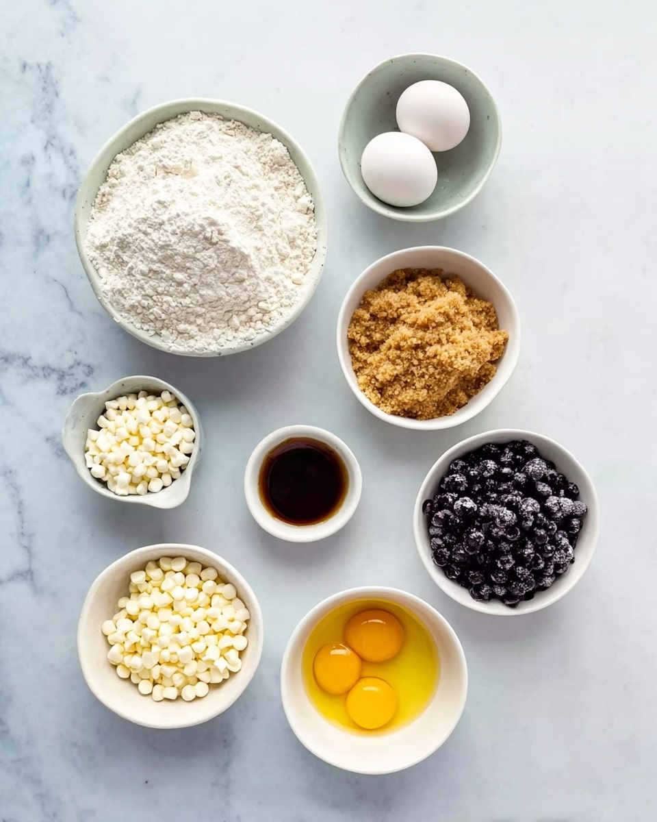 The image shows seven white bowls and dishes arranged on a white marbled surface. Starting from the top left, there is a large white bowl filled with white flour. To the right, a smaller white bowl contains two white eggs. Below the flour bowl, a white bowl holds brown sugar that looks crumbly. In the center, a very small white dish contains dark brown vanilla extract. To the right of it, a white bowl has melted golden butter with some white sugar mixed in. Below the sugar bowl, a white small bowl holds two bright yellow egg yolks. To the left of it, a white bowl is filled with small white chocolate chips. Lastly, at the bottom right, a white bowl contains dark purple blueberries. The bowls are neatly spaced and the ingredients are clearly visible. Photo taken with an iphone --ar 4:5 --v 7