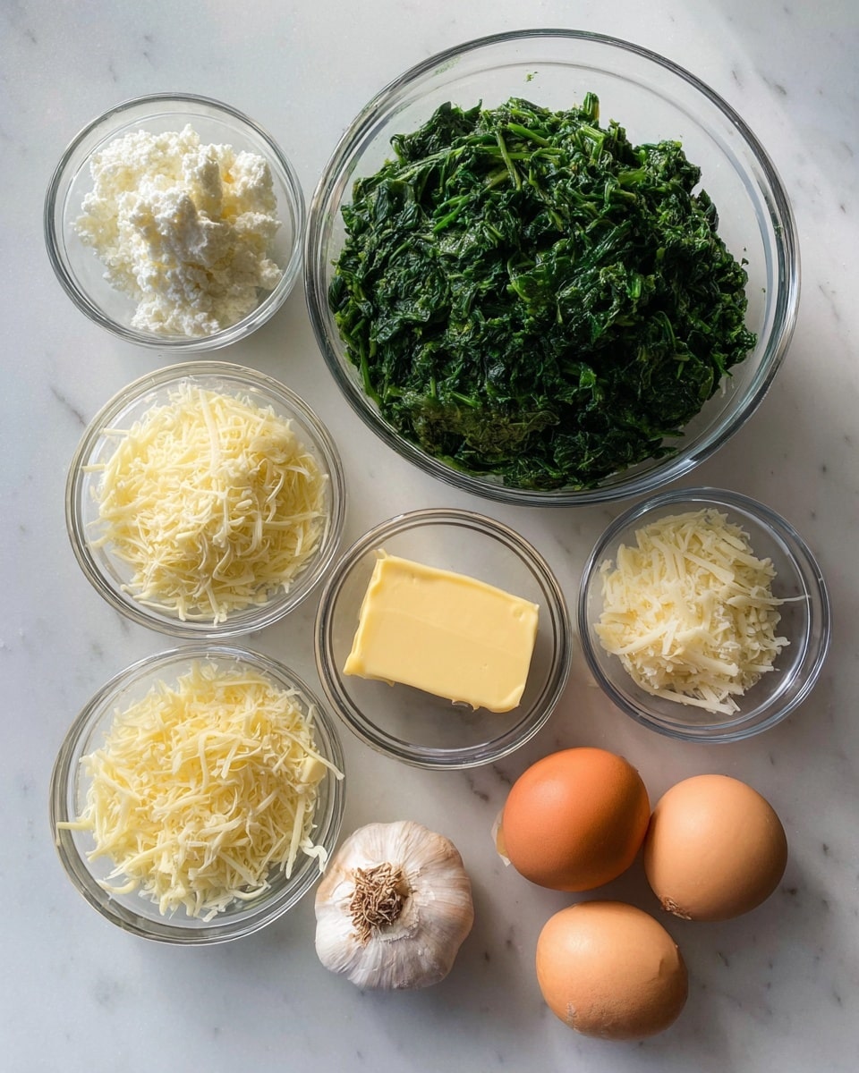 A clear glass bowl filled with chopped green spinach placed on a white marbled surface is the largest item in the image. Surrounding it are smaller clear glass bowls holding white ricotta cheese, shredded white mozzarella, grated pale yellow Parmesan cheese, a pat of yellow butter, and a small amount of salt. Two brown eggs, one whole yellow onion, and one clove of garlic lie directly on the same white marbled surface, arranged neatly beside the bowls. Photo taken with an iphone --ar 4:5 --v 7