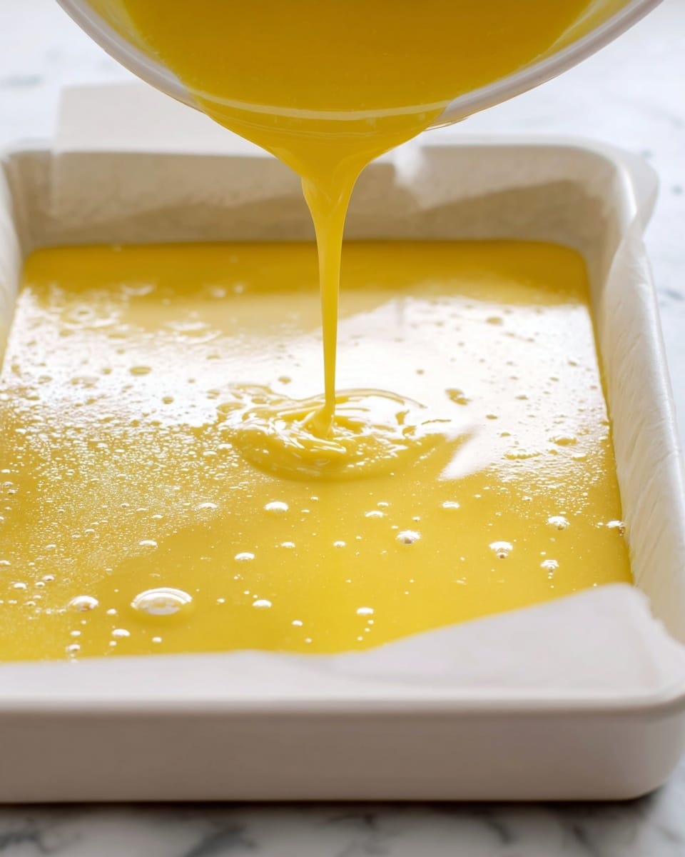 A close-up view shows a smooth, shiny yellow liquid being poured from a bowl onto a flat layer of a similar yellow liquid inside a white rectangular baking dish lined with parchment paper. The baking dish holds an even, glossy layer of the yellow mixture with small bubbles on its surface. The background is a white marbled texture. Photo taken with an iphone --ar 4:5 --v 7