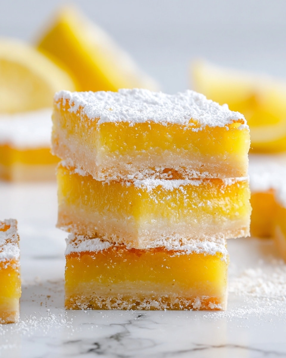 The image shows three lemon bars stacked on top of each other, each with two clear layers: a light golden, smooth, and glossy lemon filling on top and a thin, pale, powdered sugar-covered crust at the bottom. The lemon layer looks soft and slightly textured, with a bright yellow color, while the crust appears firm and slightly crumbly. The top surface of the bars is dusted with a thick layer of white powdered sugar. In the background, there are blurred pieces of lemon and more lemon bars on a white marbled surface, adding a light and fresh atmosphere. photo taken with an iphone --ar 4:5 --v 7