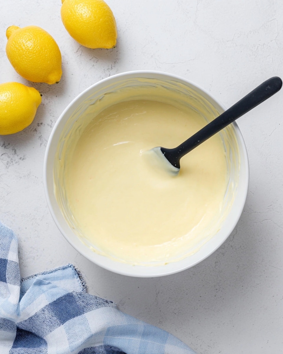 A white mixing bowl filled with a smooth, pale yellow batter that covers the entire inside of the bowl evenly. A black spatula is resting inside the bowl, slightly dipped in the batter, with its handle pointing to the top right. Three bright yellow lemons are placed near the upper left corner on the white marbled surface, and a blue and white checkered cloth is softly folded near the bottom left corner. photo taken with an iphone --ar 4:5 --v 7