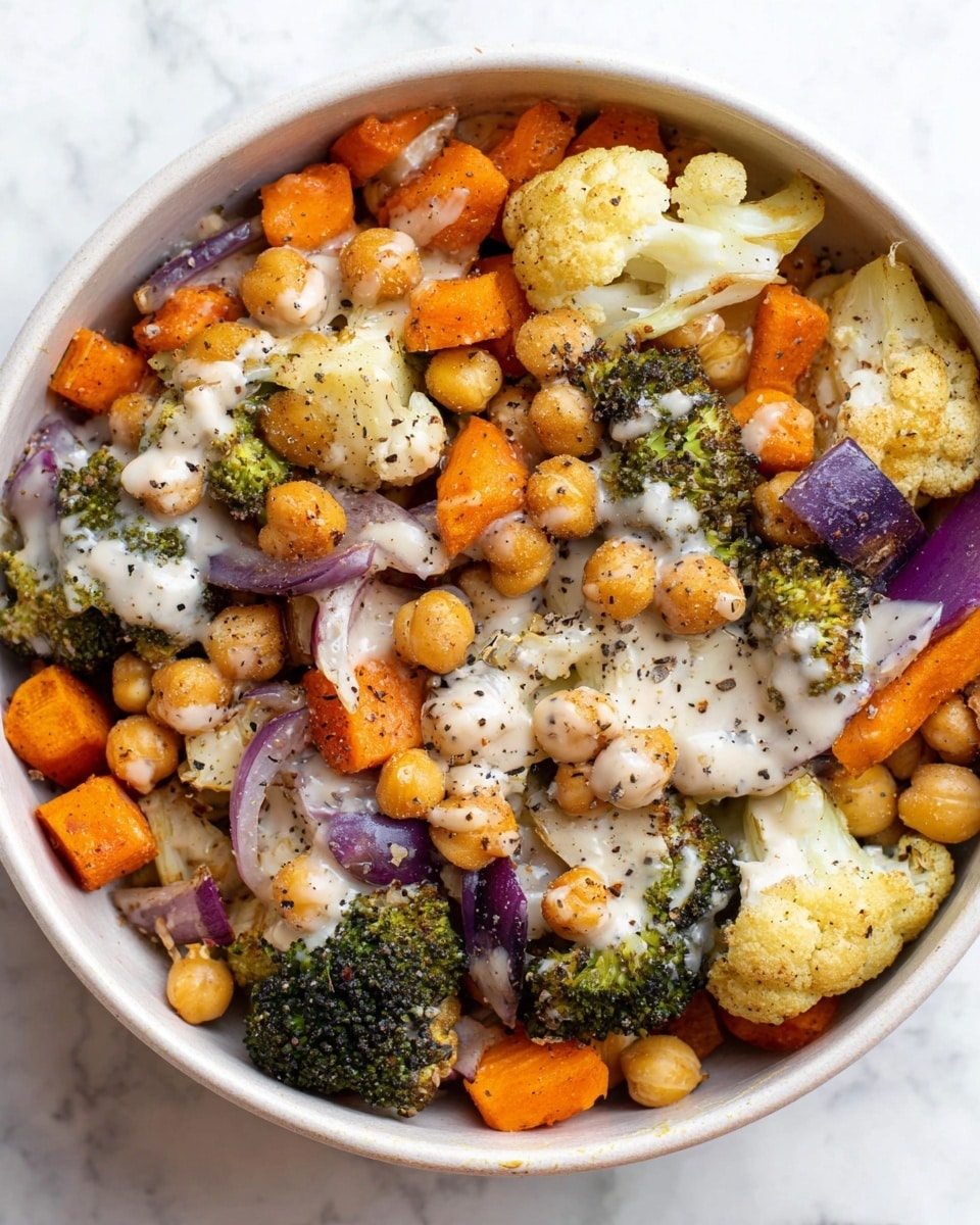 A bowl filled with a colorful mix of roasted vegetables and chickpeas. The base layer includes soft orange carrot slices, light yellow cauliflower florets, and green broccoli pieces with slight charring. These are mixed with tan chickpeas scattered evenly throughout. Small pieces of purple onion add contrast, and a creamy white sauce is drizzled lightly over the top, with a sprinkle of black pepper finishing the dish. The bowl is white and sits on a white marbled surface. photo taken with an iphone --ar 4:5 --v 7