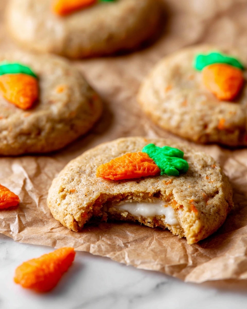 The image shows four round cookies placed on crinkled brown paper over a white marbled surface, each cookie decorated with a small carrot made of textured orange and green icing on top center. The cookies are light brown with visible bits of carrot inside, giving a slightly rough texture. One cookie in front has a bite taken out, revealing a white creamy layer inside. Two small plain orange carrot shapes lie on the paper near the front cookie. The background is softly blurred, keeping the focus on the cookies in the foreground. photo taken with an iphone --ar 4:5 --v 7
