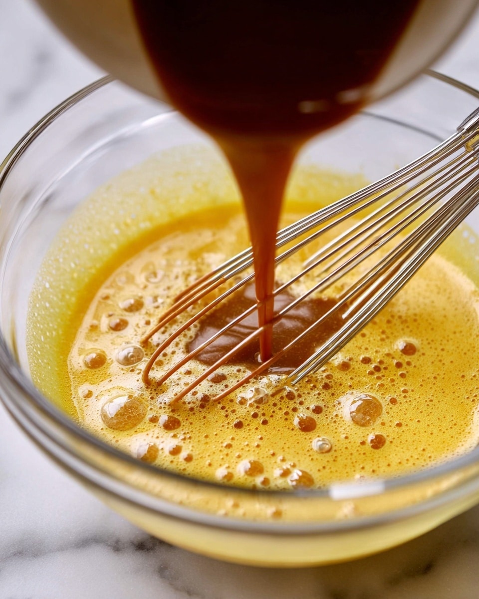 A close-up view shows a glass bowl filled with yellow frothy liquid, with a metal whisk resting inside it. A dark brown sauce is being poured into the bowl from above, creating a smooth stream that hits the frothy liquid, making small bubbles and ripples on the surface. The bowl is set on a white marbled surface. Photo taken with an iphone --ar 4:5 --v 7