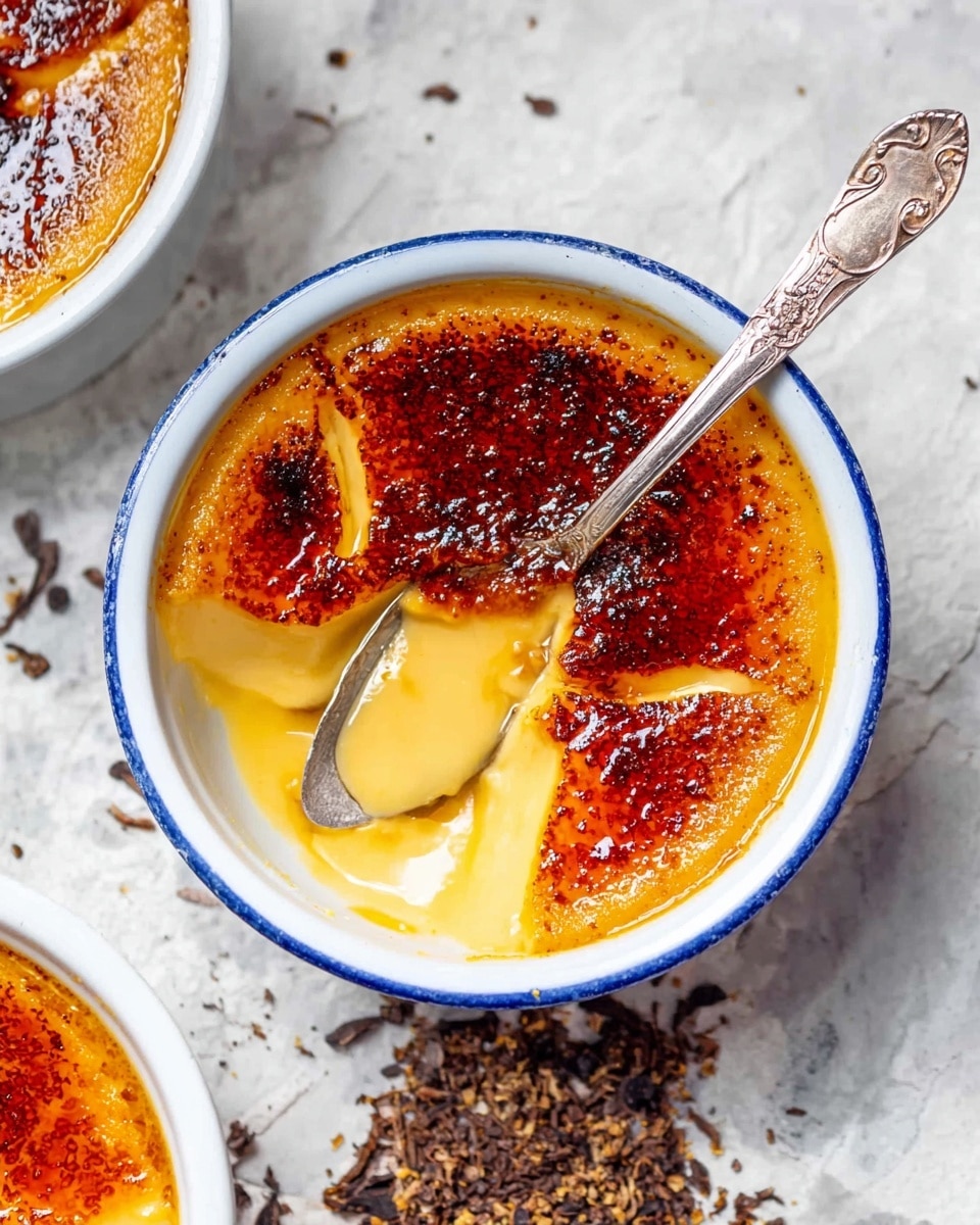 A white bowl with a thin blue rim holds a smooth, soft yellow custard dessert with a shiny, dark caramelized top layer that is cracked into sections, revealing the creamy texture underneath. A silver spoon with an ornate handle is inside the bowl, scooping some of the custard from the bottom layer. The bowl is resting on a white marbled surface scattered lightly with dark crushed bits of what looks like spices. Part of another similar bowl is visible in the lower left corner. Photo taken with an iphone --ar 4:5 --v 7