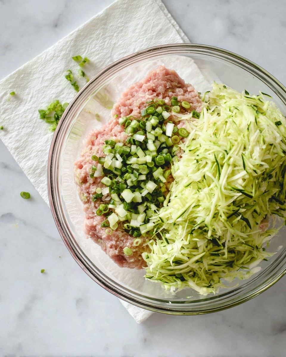 A clear glass bowl sits on a white marbled surface, containing raw light pink ground meat at the bottom layer. On top of the meat, there are chopped green onions and small white diced pieces, scattered unevenly. To the right side of the bowl, there is a large amount of pale green shredded zucchini piled on the meat. Near the bowl on the surface, there is shredded zucchini resting on a white paper towel. The scene is simple and bright with natural lighting, showing fresh ingredients ready to be mixed photo taken with an iphone --ar 4:5 --v 7