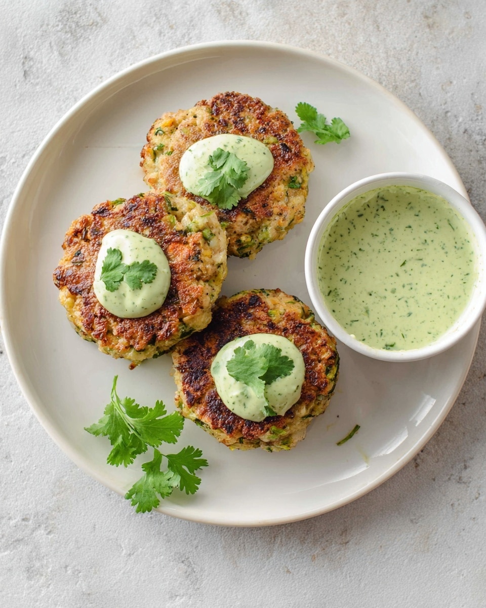 A white plate sits on a white marbled surface holding three round patties with a browned, textured surface showing bits of green herbs inside. Each patty has a dollop of light green creamy sauce on top, garnished with a small cilantro leaf. To the upper right on the plate, there is a small white bowl filled with the same green sauce. A sprig of fresh cilantro rests next to the patties on the plate. photo taken with an iphone --ar 4:5 --v 7
