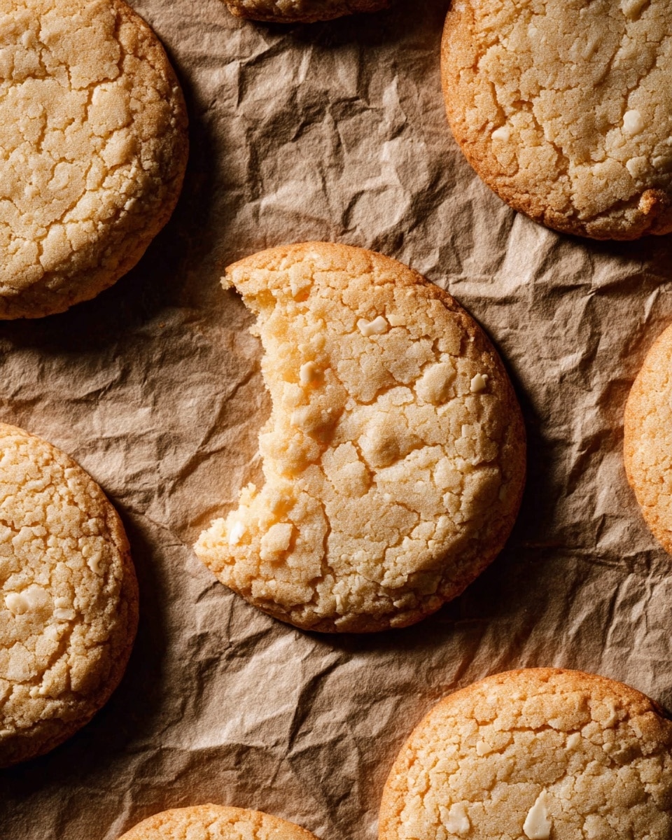 Several round light golden cookies with a soft and slightly cracked texture are arranged on a crumpled brown paper. One cookie near the center has a visible bite taken out of it, showing the inner soft crumb. The cookies are spaced unevenly, and the rough surface of the paper creates a contrast to the smooth edges of the cookies. photo taken with an iphone --ar 4:5 --v 7