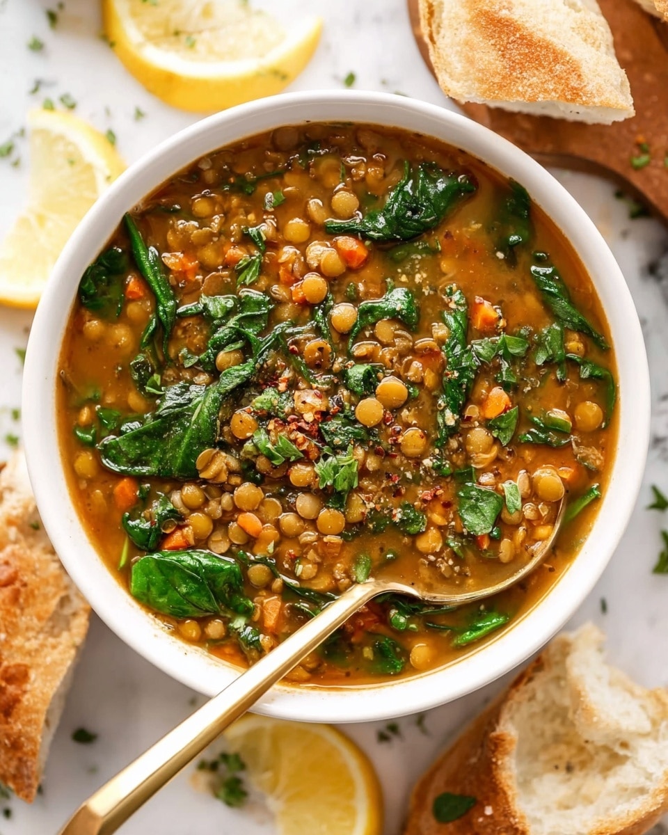 A white bowl filled with a lentil soup that has three main layers: at the bottom, a thick brown-orange broth; in the middle, many light brown lentils and small orange carrot bits spread evenly; on top, fresh dark green spinach leaves and chopped green herbs sprinkled all over. A gold spoon rests inside the bowl on the right side with some soup and lentils on it. Around the bowl, there are pieces of light tan bread and lemon wedges, all sitting on a white marbled surface. Photo taken with an iphone --ar 4:5 --v 7