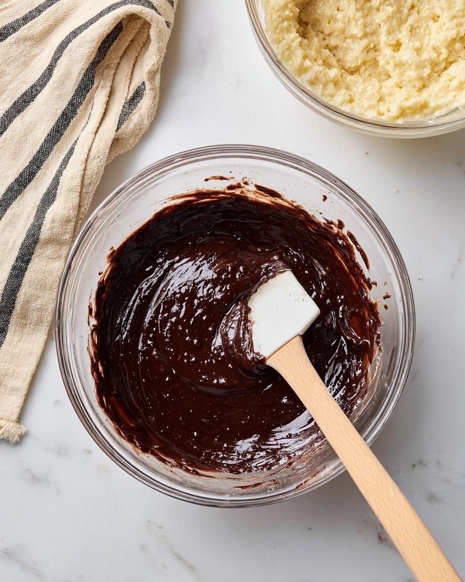 A clear glass bowl sits on a white marbled surface, filled with thick dark brown chocolate batter that has a glossy, smooth texture. A spatula with a long wooden handle and a white silicone tip is resting inside the bowl, smeared with the chocolate batter. In the top right corner, another clear glass bowl contains a light beige batter with a chunky texture. A beige cloth with black stripes lies folded in the top left corner of the image. Photo taken with an iphone --ar 4:5 --v 7