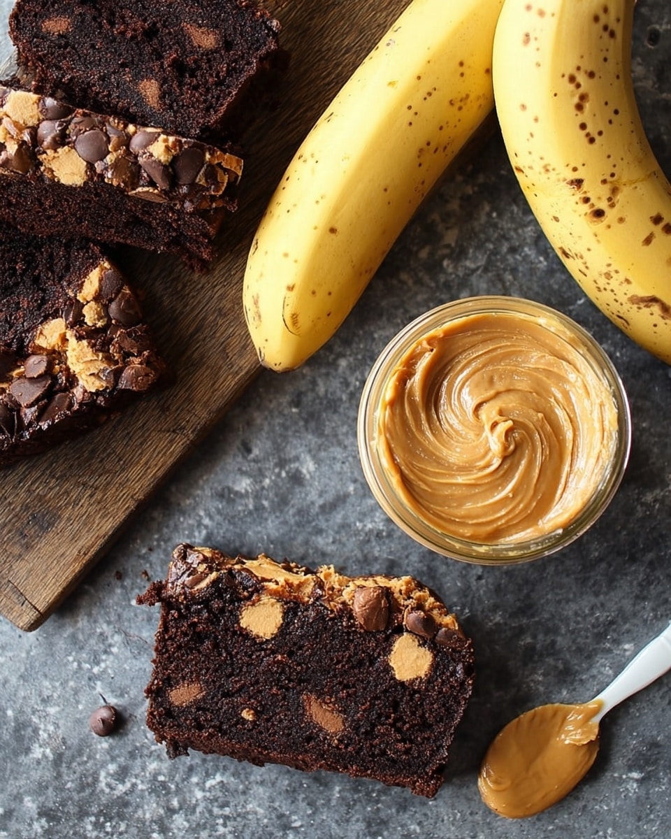 The image shows a dark brown chocolate slice with visible chunks and a large swirl of light brown peanut butter spread on top, placed directly on a dark gray textured surface. Above it, there are two whole bananas resting side by side, yellow with dark spots. To the left, three more chocolate slices sit on a wooden board, all with the same rough texture and some peanut butter chunks on top. On the right side, there is an open jar filled with creamy peanut butter and a white spoon beside it, covered in the same peanut butter. The background is described as a white marbled texture. Photo taken with an iphone --ar 4:5 --v 7