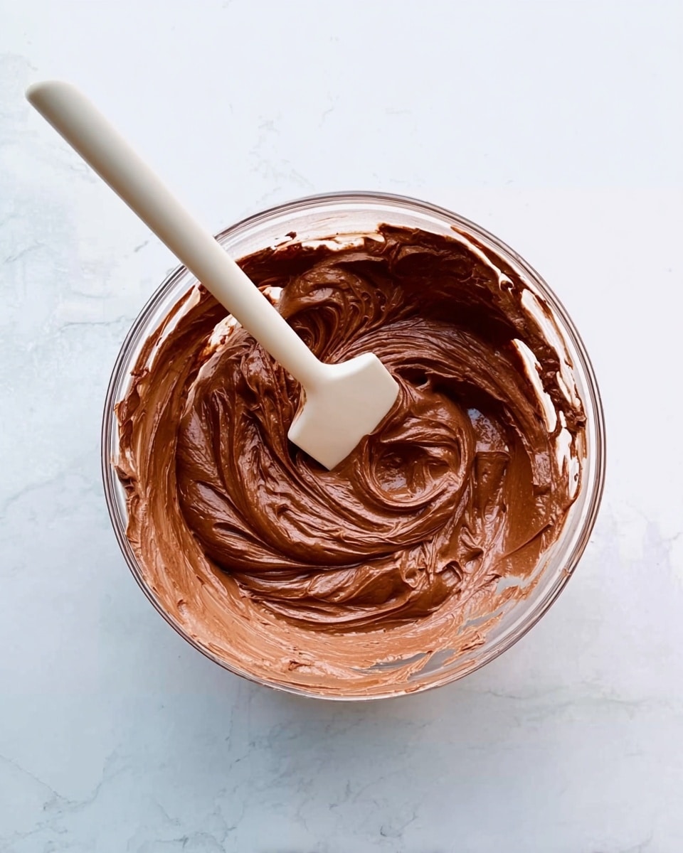 A clear glass bowl sits on a white marbled surface filled with smooth, thick chocolate batter of a rich brown color. A white spatula rests inside the bowl, partially submerged and coated in the chocolate batter, showing swirls and peaks of the creamy texture. The batter covers the bottom half of the bowl with some traces sticking to the sides. Photo taken with an iphone --ar 4:5 --v 7