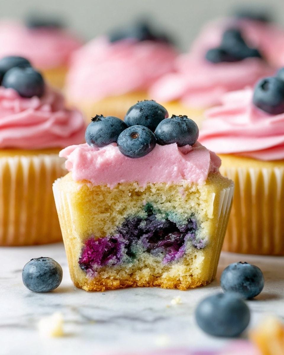 The image shows a close-up of a cupcake with three layers visible: the bottom layer is a light yellow cake mixed with dark purple blueberries, the middle layer is a smooth, thick pink frosting with a creamy texture, and the top layer has three fresh dark blue blueberries sitting on the frosting. The cupcake is on a white marbled surface, with other similar cupcakes blurred in the background. A few loose blueberries are scattered around the cupcake. photo taken with an iphone --ar 4:5 --v 7