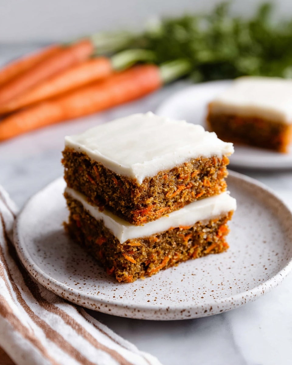 Two square pieces of carrot cake are stacked on a white speckled plate, showing two layers each: a rough textured brown-orange carrot cake base and a smooth creamy white frosting top layer, both layers evenly thick. The top piece slightly leans to the right, revealing the moist carrot bits inside the cake. The plate is on a white marbled surface with fresh whole carrots and green carrot tops blurred in the background, and a white and brown striped cloth beside the plate. Photo taken with an iphone --ar 4:5 --v 7