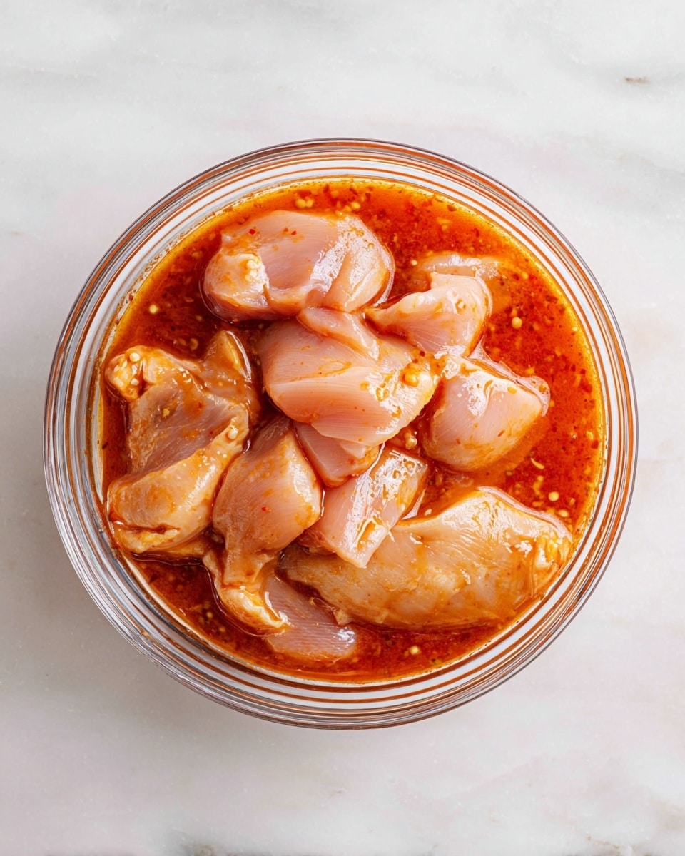 A clear glass bowl filled with several pieces of raw chicken marinating in an orange-red sauce, the chicken pieces are light pink with a slight shine, partially covered by a smooth, thick, reddish-orange liquid that has small darker specks, placed on a white marbled textured surface. photo taken with an iphone --ar 4:5 --v 7