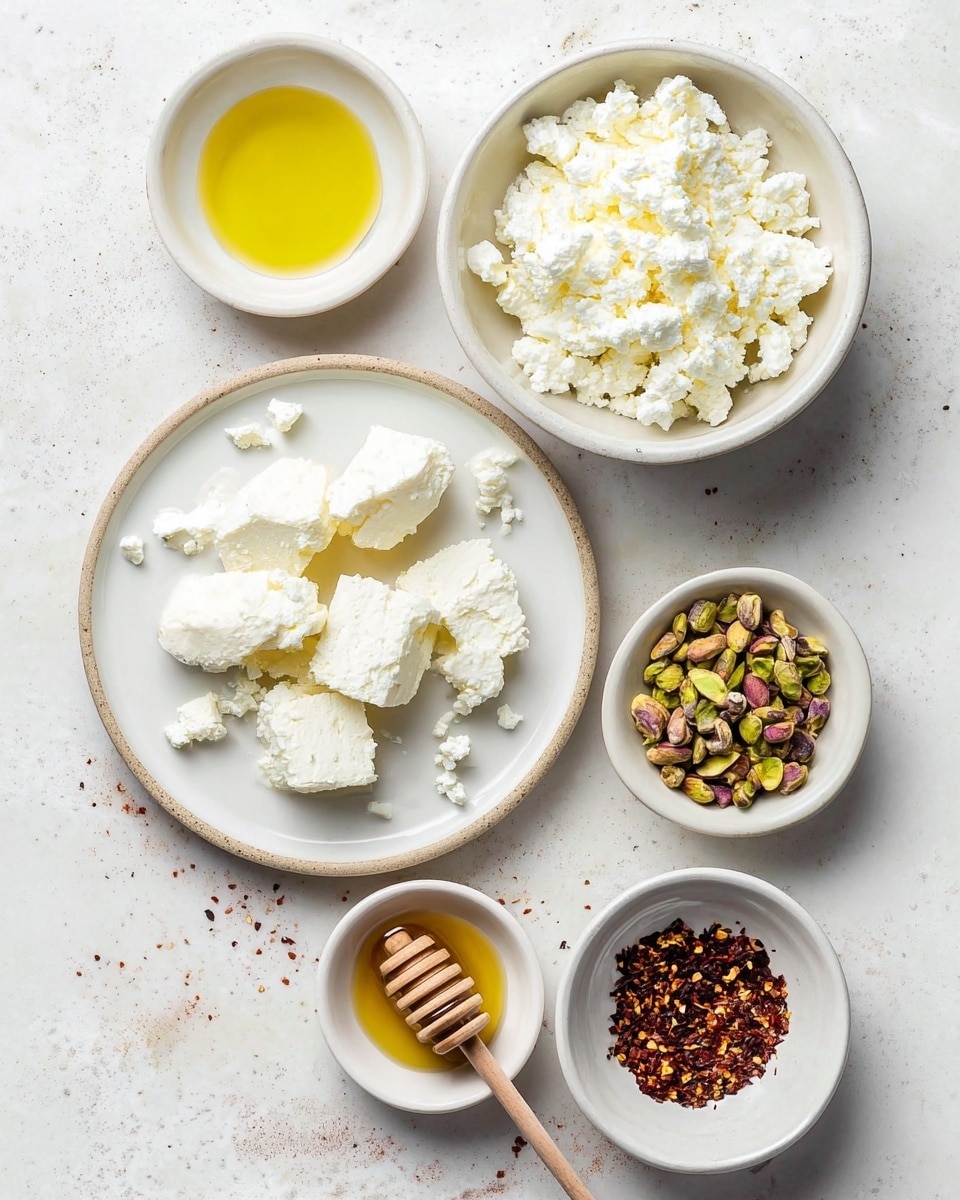 The image shows six white bowls and plates arranged on a white marbled surface. In the center is a white plate holding large chunks of crumbly white cheese with small broken pieces around it. Above this plate is a white bowl filled with white cottage cheese with a textured surface. To the left of the cottage cheese is a small white bowl with light yellow olive oil. Below the cheese plate is another small white bowl with honey and a wooden honey dipper resting inside with its handle extending out. To the right of the honey is a white bowl with chopped green and brown pistachio nuts, showing a rough texture. Below the pistachios is a tiny white bowl holding crushed red chili flakes. The arrangement and colors create a clean, fresh look. photo taken with an iphone --ar 4:5 --v 7