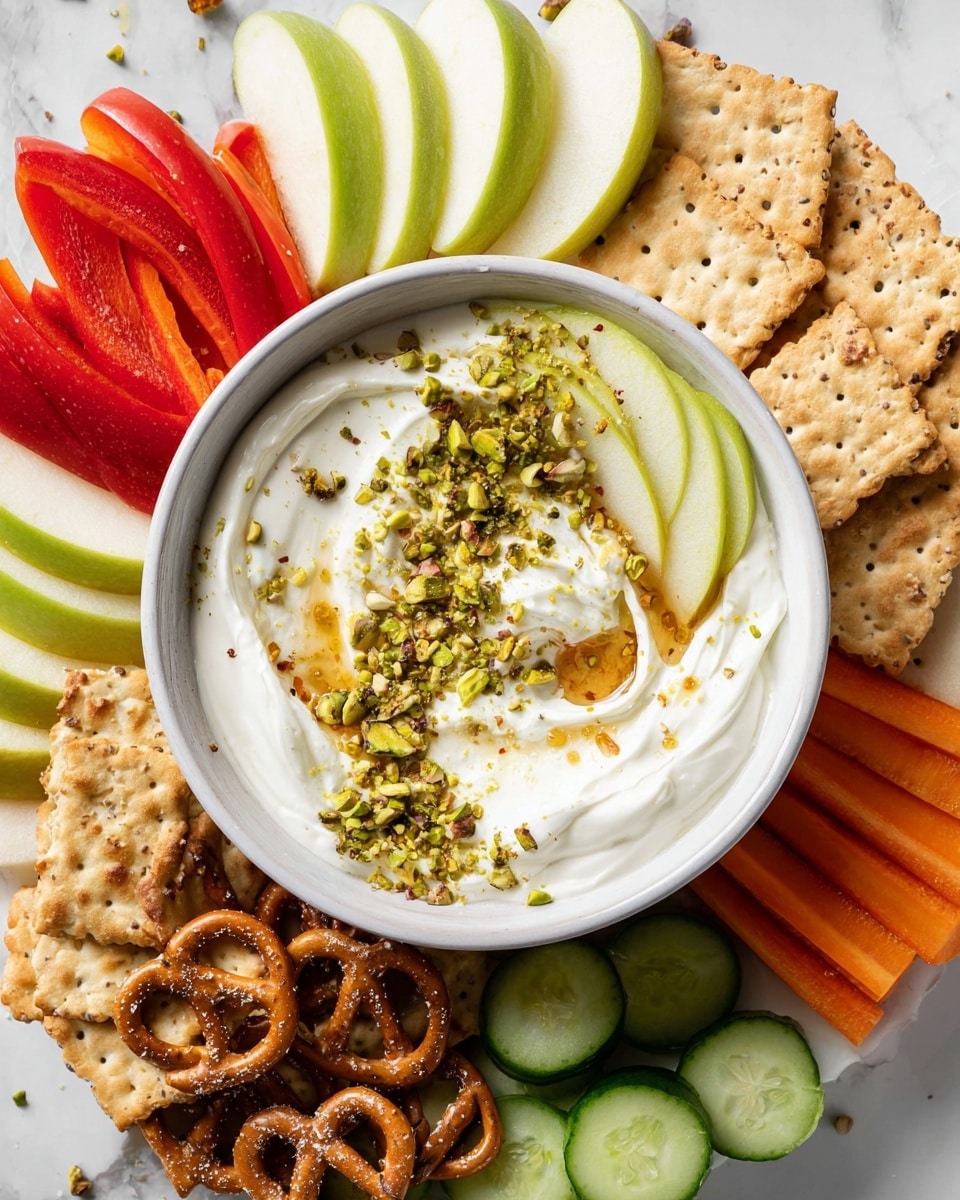 A white bowl filled with creamy white yogurt is topped with crushed green pistachios and a drizzle of honey, with three green apple slices arranged on one side of the bowl. Surrounding the bowl in a circular pattern are fresh vegetable and snack slices: red bell pepper strips on the top left, green apple slices next to the bell pepper, light brown rectangular crackers with small holes on the top right, orange carrot sticks below the crackers, crunchy pretzels on the bottom left, and cucumber slices with dark green edges at the bottom center. The whole arrangement is placed on a white marbled surface, presenting a fresh and colorful snack platter. Photo taken with an iphone --ar 4:5 --v 7