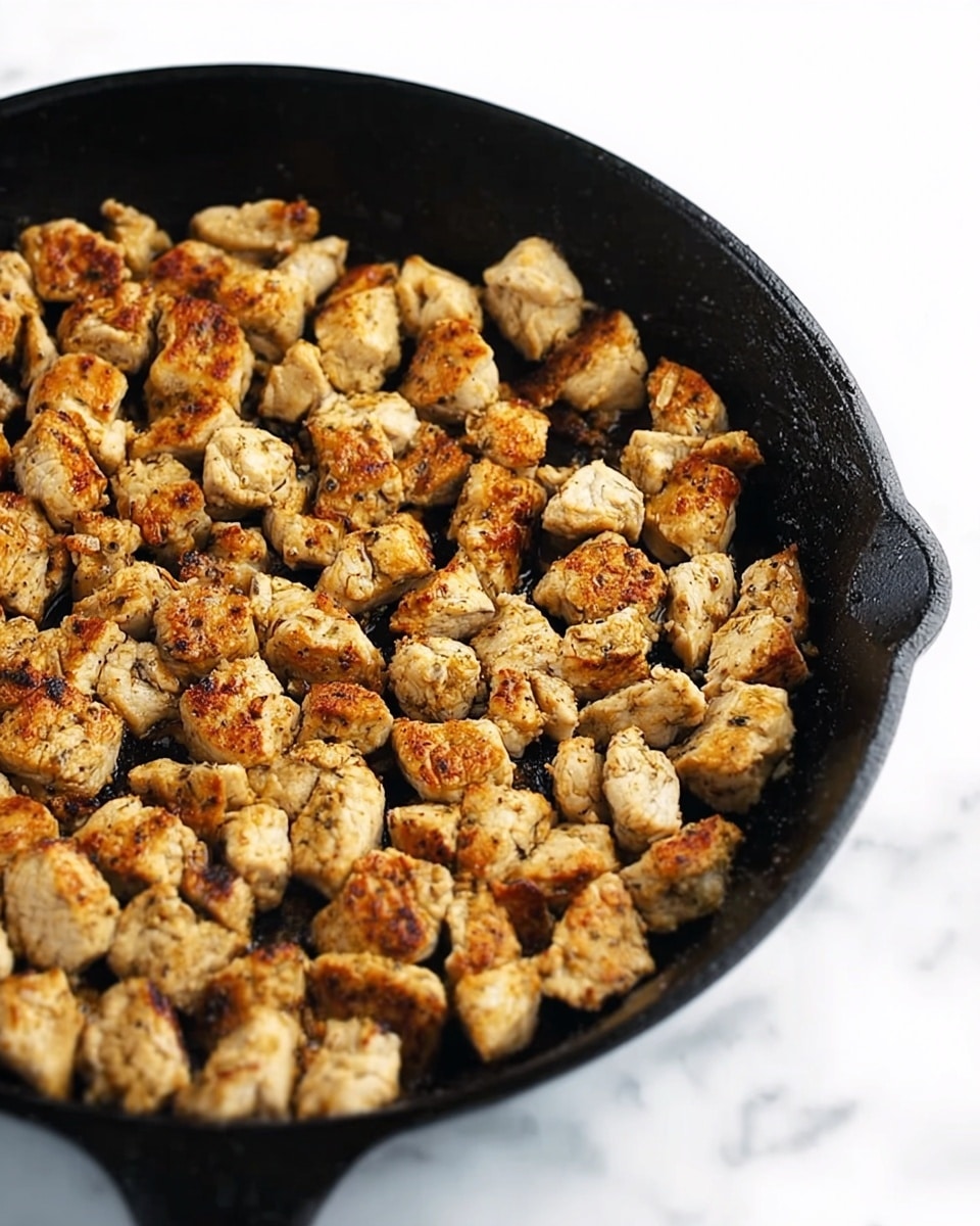 The image shows a black cast iron pan filled with many small, evenly cooked, light golden brown pieces of meat scattered across the surface. The meat pieces have a slightly rough texture with some areas showing a crisp, browned finish. The pan sits on a white marbled surface, adding a clean and bright background contrast to the dark pan and golden meat pieces. photo taken with an iphone --ar 4:5 --v 7