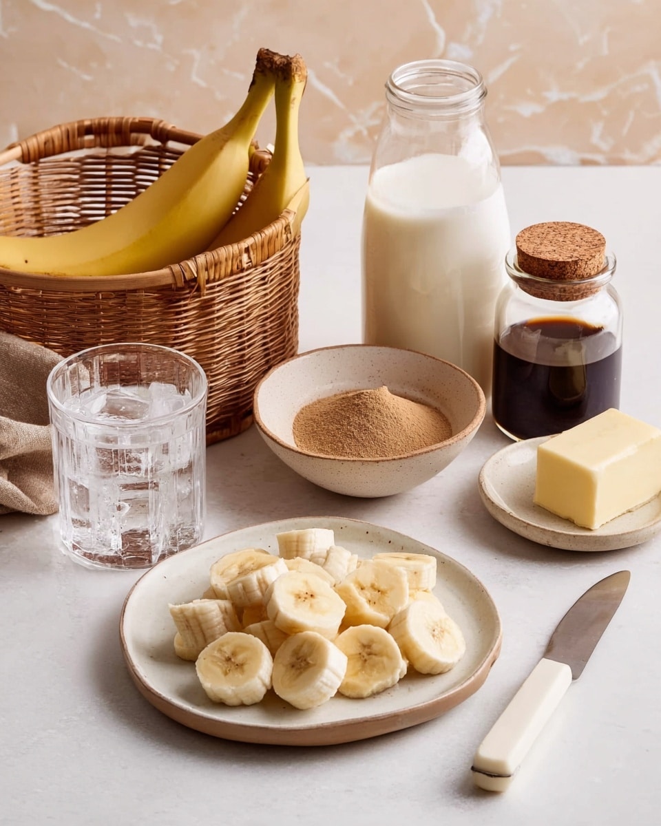 A white plate holds many banana slices arranged in a small pile near the center, with one slice placed separately closer to the front right. In front of the plate is a knife with a white handle lying flat on a light surface. Behind the bananas and slightly to the left is a clear glass with ice cubes inside, next to a woven basket holding a whole yellow banana. To the right of the basket is a small glass jar with a cork lid filled with brown powder, next to a round shallow white bowl containing a light brown powder. Behind the small bowl is a clear glass bottle filled halfway with white milk, and beside it on the right is a clear jug filled with dark syrup. To the far right, there is a small white bowl holding a square piece of butter. The surface and background are white marbled texture. Photo taken with an iphone --ar 4:5 --v 7