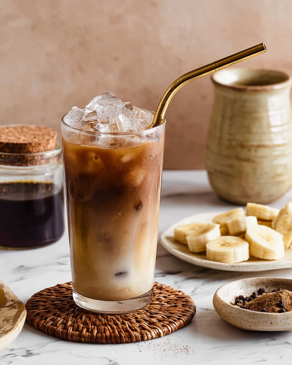 A tall transparent glass filled with iced coffee shows multiple layers: the bottom is a light brown coffee mix, followed by a creamy lighter layer in the middle, and crushed ice piled on top. A shiny golden metal straw is placed inside the glass, leaning slightly to the side. The glass sits on a woven coaster on a white marbled surface. Around it, there is a glass jar with a cork lid holding a dark brown powder, a white plate with round slices of banana, a clear jar filled with dark liquid, a small light brown bowl with ground spices, and a ceramic jug with a mix of light and dark brown colors. photo taken with an iphone --ar 4:5 --v 7