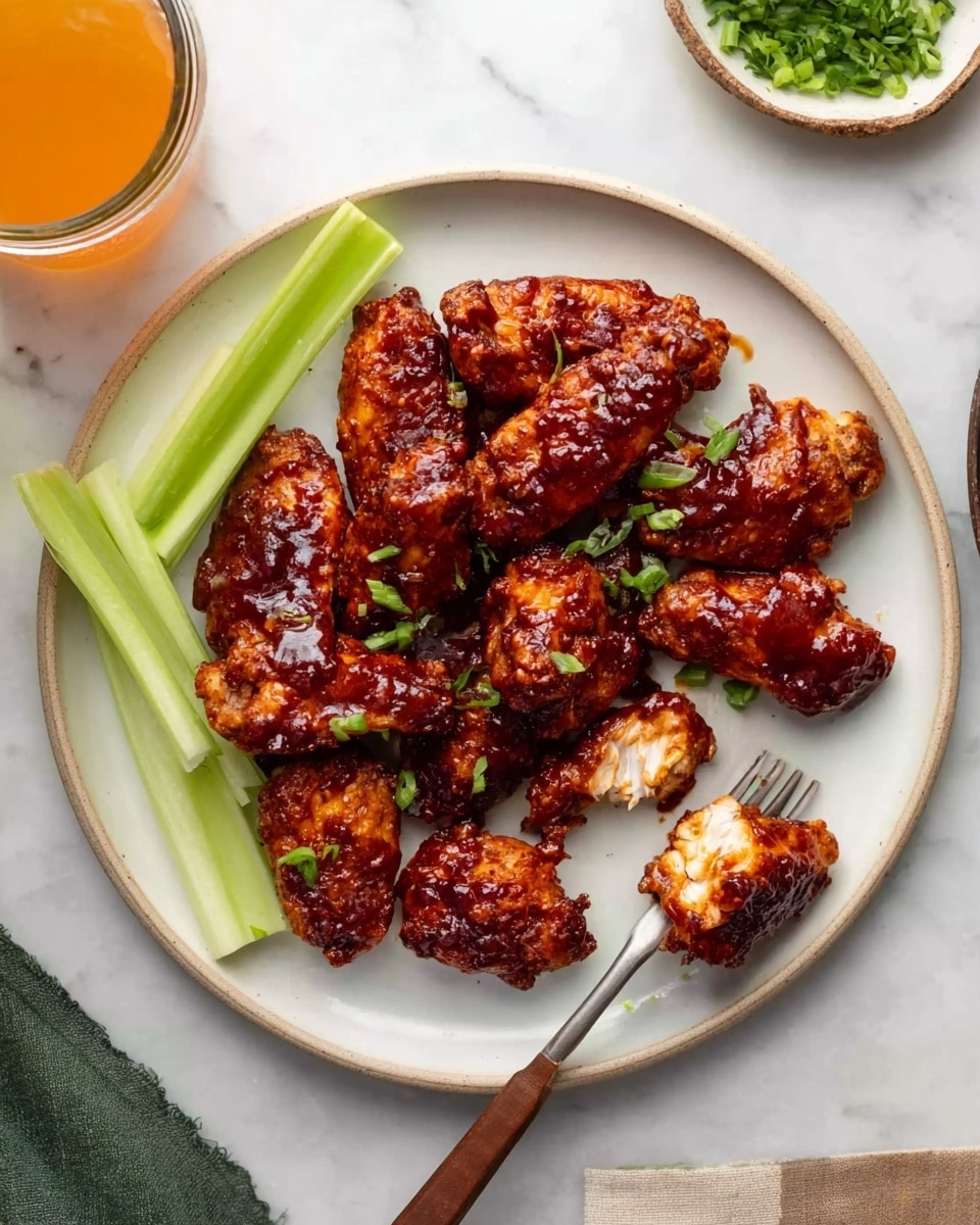 The image shows a white plate filled with ten pieces of crispy chicken wings covered in a shiny dark red sauce with a sticky texture. The wings are arranged mostly in the center of the plate with two bright green celery sticks placed on the left side. On the right side of the plate, there is a fork with a wooden handle, holding a partially eaten chicken wing that shows the light, tender inside of the meat. The plate sits on a white marbled surface with a small plate of chopped green herbs and a glass jar of orange liquid nearby. A woman's hand is not visible directly but implied by the fork's hold. Photo taken with an iphone --ar 4:5 --v 7