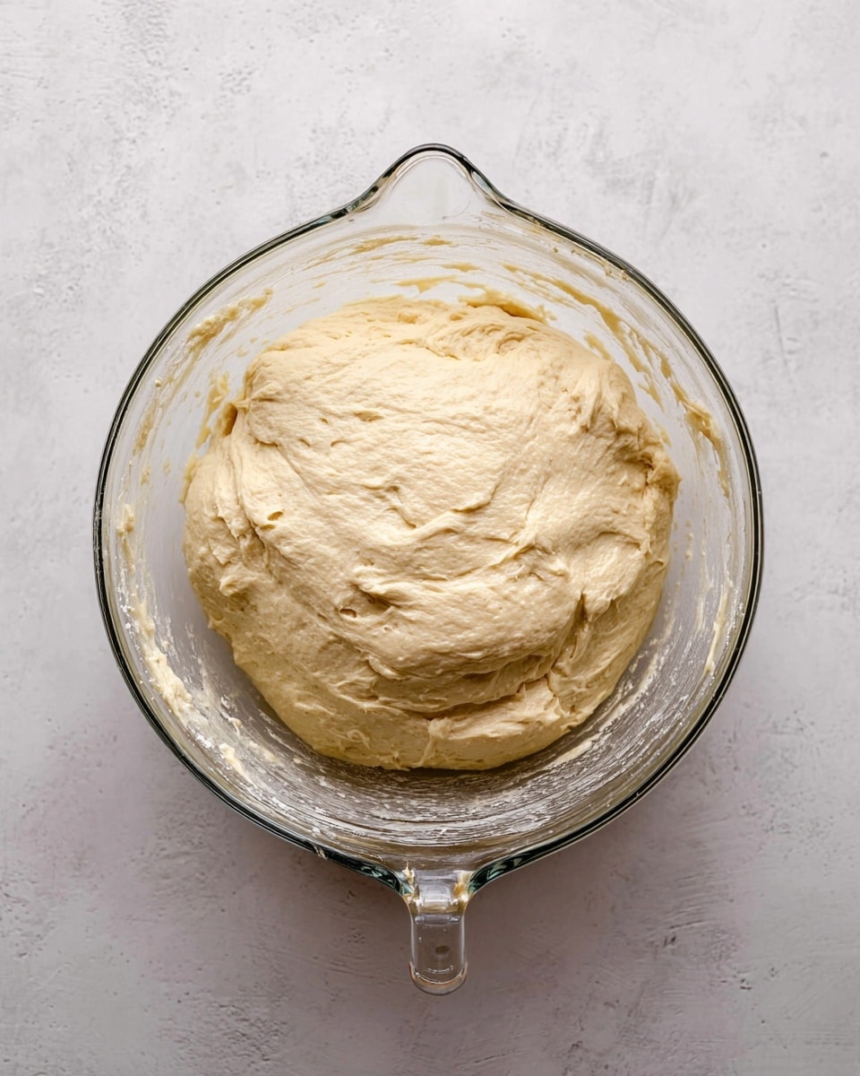 A glass mixing bowl sits on a white marbled surface, filled with a large ball of light beige dough that has a soft, slightly sticky texture. The dough covers most of the bowl's base, with some uneven folds and subtle bumps visible across its top layer, showing its elasticity. The transparent bowl's handle and spout are clearly seen, with some remnants of dough clinging lightly to the bowl's inner sides. The overall look is simple and clean, focusing on the dough as it rests and rises. photo taken with an iphone --ar 4:5 --v 7