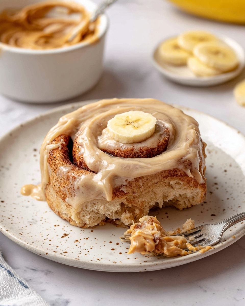A cinnamon roll with multiple swirled layers shows a soft, light brown dough and darker cinnamon filling inside. The top is covered with a smooth, creamy light beige frosting that drips slightly down the sides. On the top center of the cinnamon roll sits a small round slice of banana. The roll is placed on a white plate with small dark speckles. In the background, there is a white bowl filled with creamy peanut butter and some yellow banana pieces on a white marbled surface. A fork with some frosting rests on the plate near the roll. Photo taken with an iphone --ar 4:5 --v 7