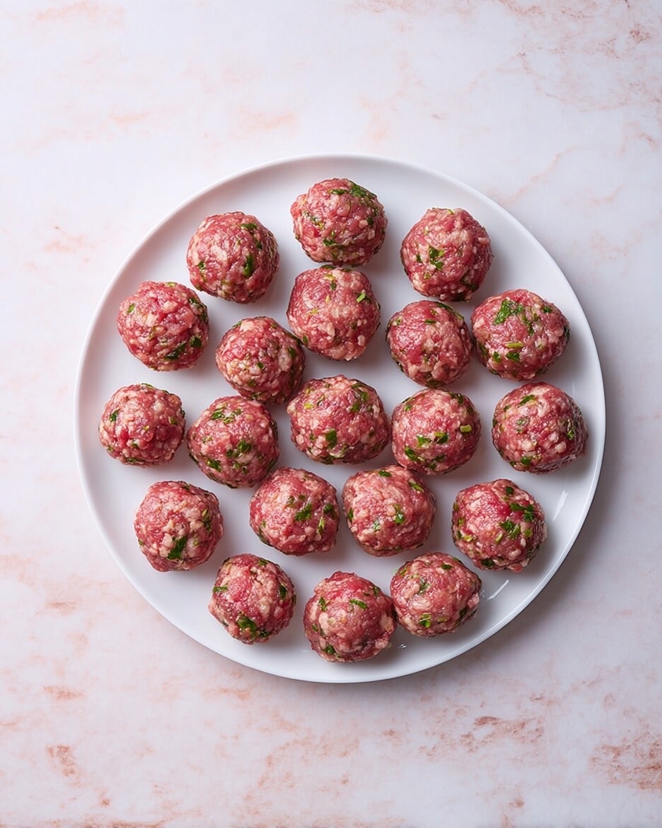 A white round plate holds 20 raw meatballs made from ground meat mixed with small green herb pieces, arranged neatly in four rows of five on a white marbled surface. The meatballs are round, roughly the same size, and have a textured look with red and pink meat colors mixed with bits of green herbs throughout. photo taken with an iphone --ar 4:5 --v 7