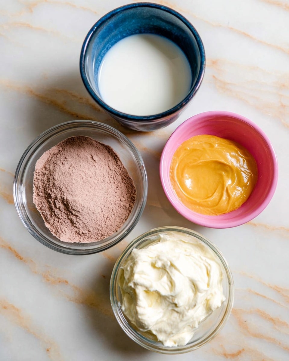 The image shows four small bowls on a white marbled surface. The top bowl is a dark blue cup filled with milk, smooth and white in color. To the left below it, there is a small clear bowl with a light brown dry powder that looks soft and fine in texture. To the right, a bright pink bowl contains a thick, glossy yellow-orange substance with a smooth surface. At the bottom, a clear glass bowl holds a creamy white mixture with a fluffy texture, showing soft swirls on top. The items are arranged close but not touching, viewed from above. photo taken with an iphone --ar 4:5 --v 7