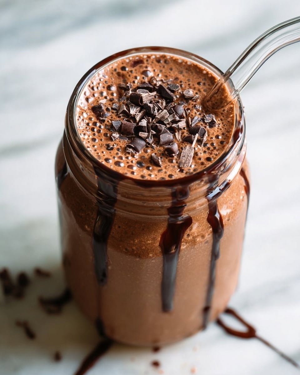 The image shows a thick chocolate smoothie served in a glass jar with chocolate syrup dripping inside the jar's edges. The smoothie has a frothy texture with tiny bubbles and is topped with small chocolate chips and dark chocolate shavings. A clear straw is placed into the smoothie, slightly sinking in. The jar is set on a white marbled surface. photo taken with an iphone --ar 4:5 --v 7