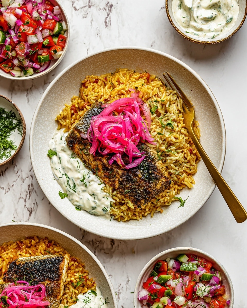 The dish shows a white round bowl filled with three main layers: the bottom layer is golden-brown seasoned rice with a fluffy texture, the middle layer has a piece of dark grilled fish with a slightly charred surface placed on top of the rice, and the top layer features bright pink pickled onion strips scattered over the fish. To the side of the fish, there is a dollop of creamy white sauce with light green specks. Next to the rice is a colorful fresh salad consisting of small diced red, green, and purple vegetables. A gold-colored fork rests inside the bowl. Surrounding the main bowl on a white marbled surface are smaller white bowls holding more pickled onions, fresh salad, and creamy sauce, with some scattered green herb leaves on the surface. photo taken with an iphone --ar 4:5 --v 7