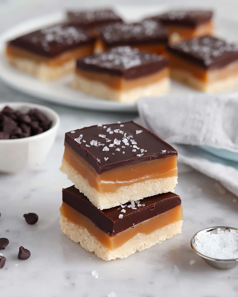 The image shows a stack of three layered dessert squares placed on a white marbled surface. Each square has three distinct layers: the bottom layer is a pale, crumbly shortbread base; the middle layer is a smooth, light caramel-colored filling; and the top layer is a glossy dark chocolate coating sprinkled with small bits of white sea salt flakes. In the background, more of these dessert squares are arranged on a white plate. To the side, there is a small white bowl filled with dark chocolate chips and a small metal cup containing white flakes. The overall look is clean and inviting. photo taken with an iphone --ar 4:5 --v 7