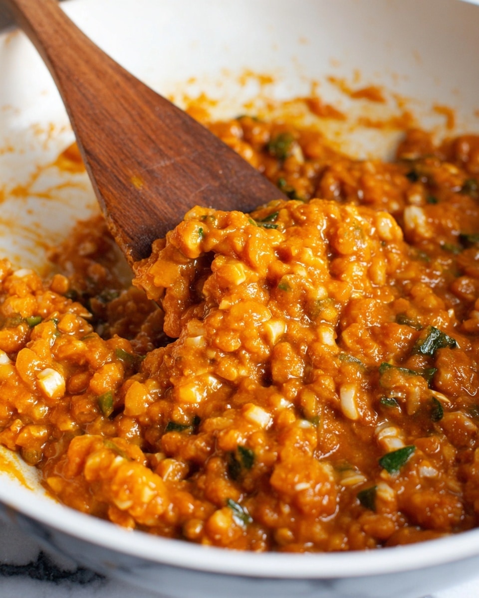 The image shows a close-up of a white pan filled with a thick, chunky orange mixture that has small white pieces and green bits mixed in. The texture looks soft and hearty with a slightly saucy consistency. A wooden spatula with a warm brown color is resting inside the pan, slightly lifting some of the mixture. The background is blurred but has a white marbled texture visible beneath the pan. photo taken with an iphone --ar 4:5 --v 7