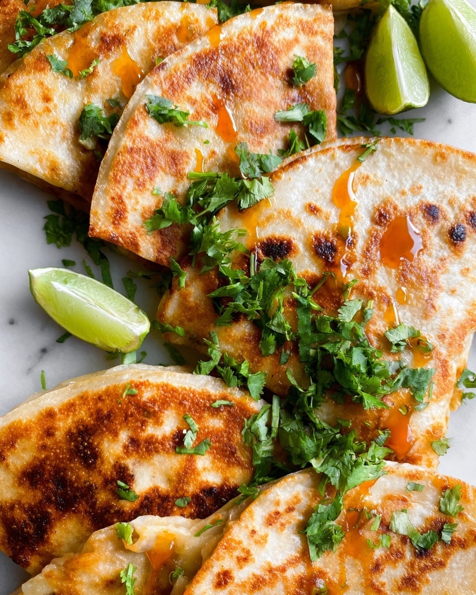 The image shows several golden-brown quesadillas, each folded in half to reveal a lightly crispy texture on the outside, arranged closely together. The quesadillas have small, scattered light and dark brown spots from cooking, and some have light orange sauce drizzled on top. Fresh, thinly sliced green lettuce and cilantro are sprinkled over the quesadillas, adding a vibrant green contrast. In the background, there are wedges of lime with a fresh green hue. The entire scene is set on a white marbled surface. photo taken with an iphone --ar 4:5 --v 7