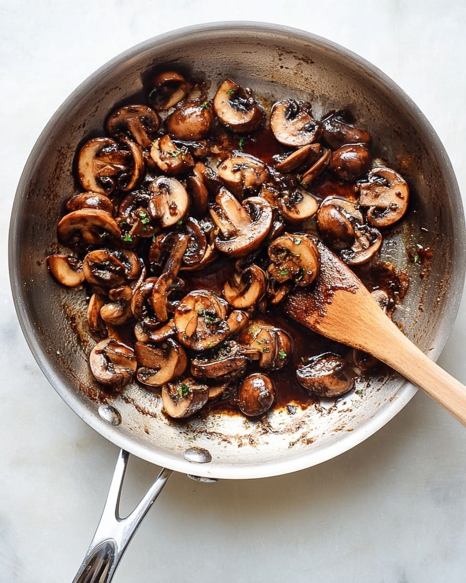 A silver frying pan filled with cooked sliced mushrooms that are dark brown and shiny from cooking sauce, with some herbs mixed in, resting on a white marbled surface. A wooden spoon with dark brown sauce on it lies inside the pan on the right side, with its handle extending outwards, showing a woman's hand stirring or holding it. The mushrooms are scattered evenly, showing different sizes and textures, some slices curled and some flat. The pan has a shiny metal handle pointing downwards, adding to the simple kitchen scene of cooked mushrooms photo taken with an iphone --ar 4:5 --v 7
