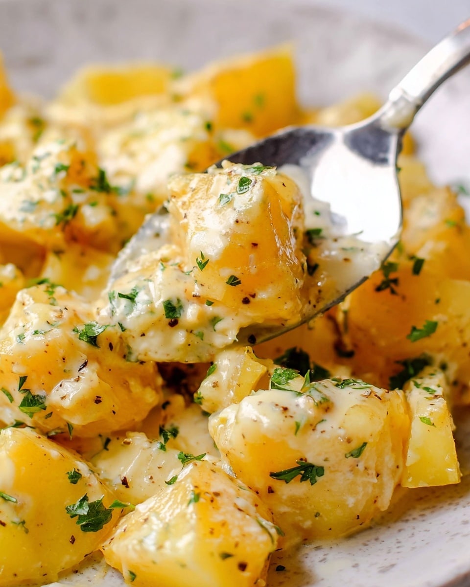 Close-up image of a dish showing chunks of cooked yellow potatoes covered in a creamy sauce with small bits of green herbs sprinkled on top. The potatoes have a soft texture with some specks of black pepper visible. A metal spoon is scooping up a portion of the potatoes, highlighting their moist and smooth sauce coating. The dish is set on a white marbled surface. photo taken with an iphone --ar 4:5 --v 7