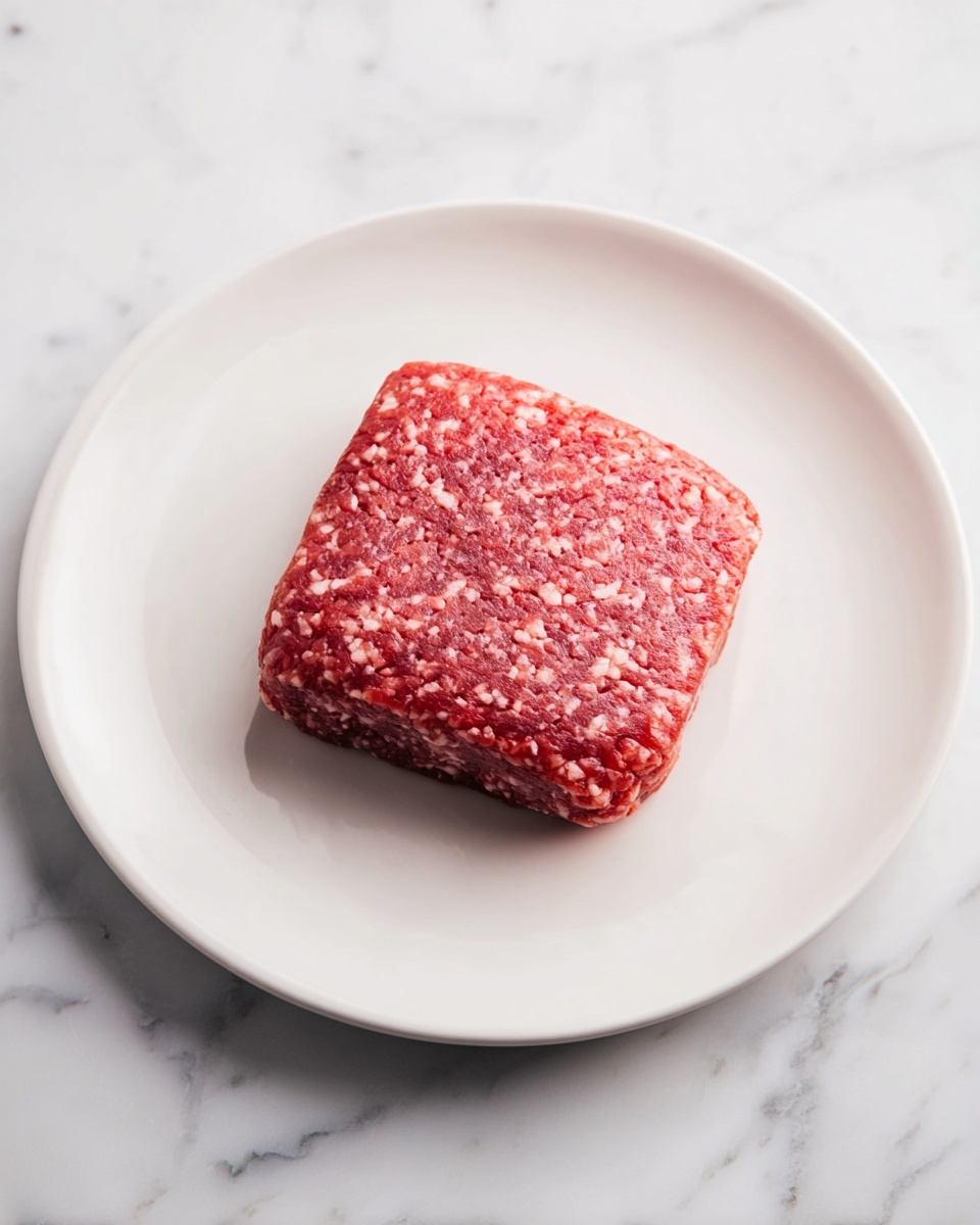 A close-up of a single square patty of raw ground beef, red with flecks of white fat, sitting in the center of a simple round white plate, placed on a white marbled surface. The beef patty has a slightly coarse texture and rounded edges. The lighting highlights the moistness and natural color of the raw meat. Photo taken with an iphone --ar 4:5 --v 7