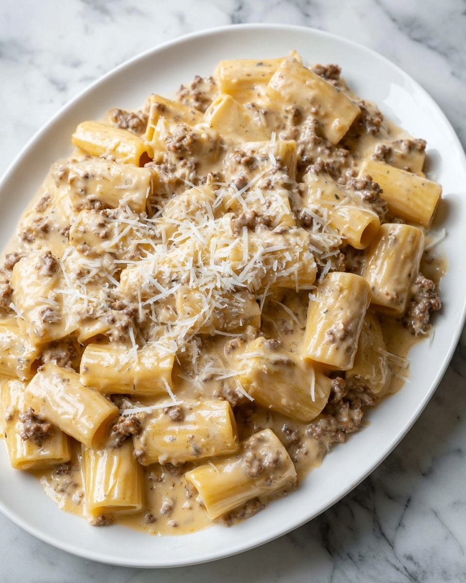 The image shows a white oval plate filled with rigatoni pasta coated in a thick creamy sauce. The sauce is light beige and mixed with small brown bits that look like ground meat spread evenly throughout the pasta. The rigatoni noodles are smooth and tubular, layered in a slightly overlapping pile in the center of the plate. Shredded cheese is thinly sprinkled on top and around the pasta on the plate, adding a fine white texture. The plate rests on a white marbled surface. photo taken with an iphone --ar 4:5 --v 7