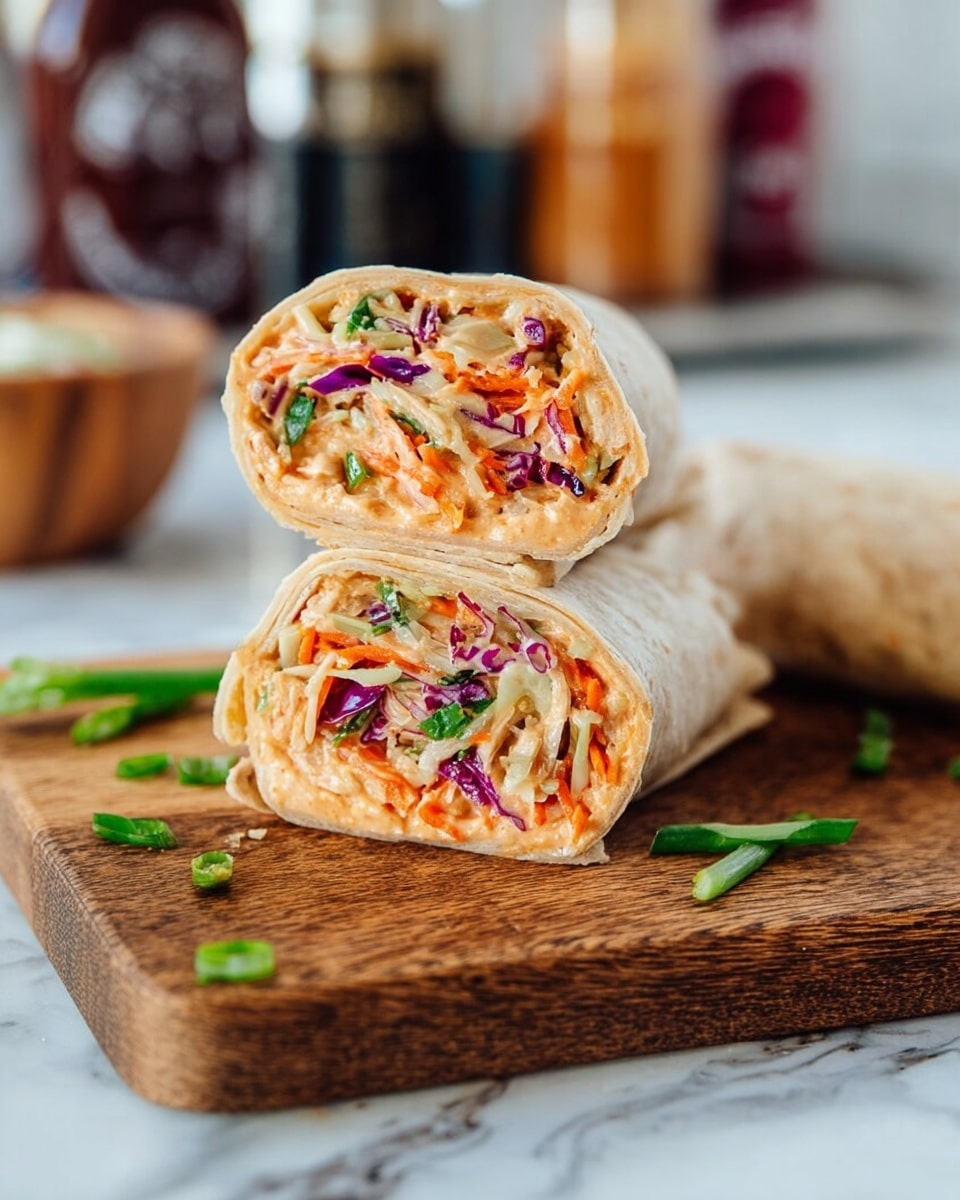 The image shows a wrap cut into two halves stacked on each other on a wooden board. The wrap has three visible layers: the outer light beige wrap, a creamy orange layer inside, and a colorful mix of thin shredded vegetables including purple cabbage, orange carrots, and green herbs. There are some green onion slices scattered around the wooden board. The background is a white marbled surface with blurred bottles and a bowl in the distance. photo taken with an iphone --ar 4:5 --v 7