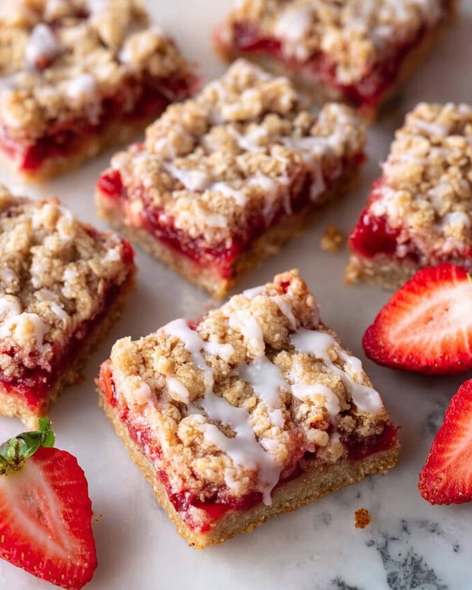 The image shows several square pieces of strawberry oat bars arranged closely on a white marbled surface. Each bar has three visible layers: the bottom layer is a light golden oat crust, the middle layer is a bright red strawberry filling with juicy texture, and the top layer is a crumbly oat streusel with an uneven texture. There is a white glaze lightly drizzled over the oat topping, adding a glossy contrast. Two halves of fresh strawberries, with red flesh and green leaves, are placed near the bars, adding a fresh fruit touch. photo taken with an iphone --ar 4:5 --v 7