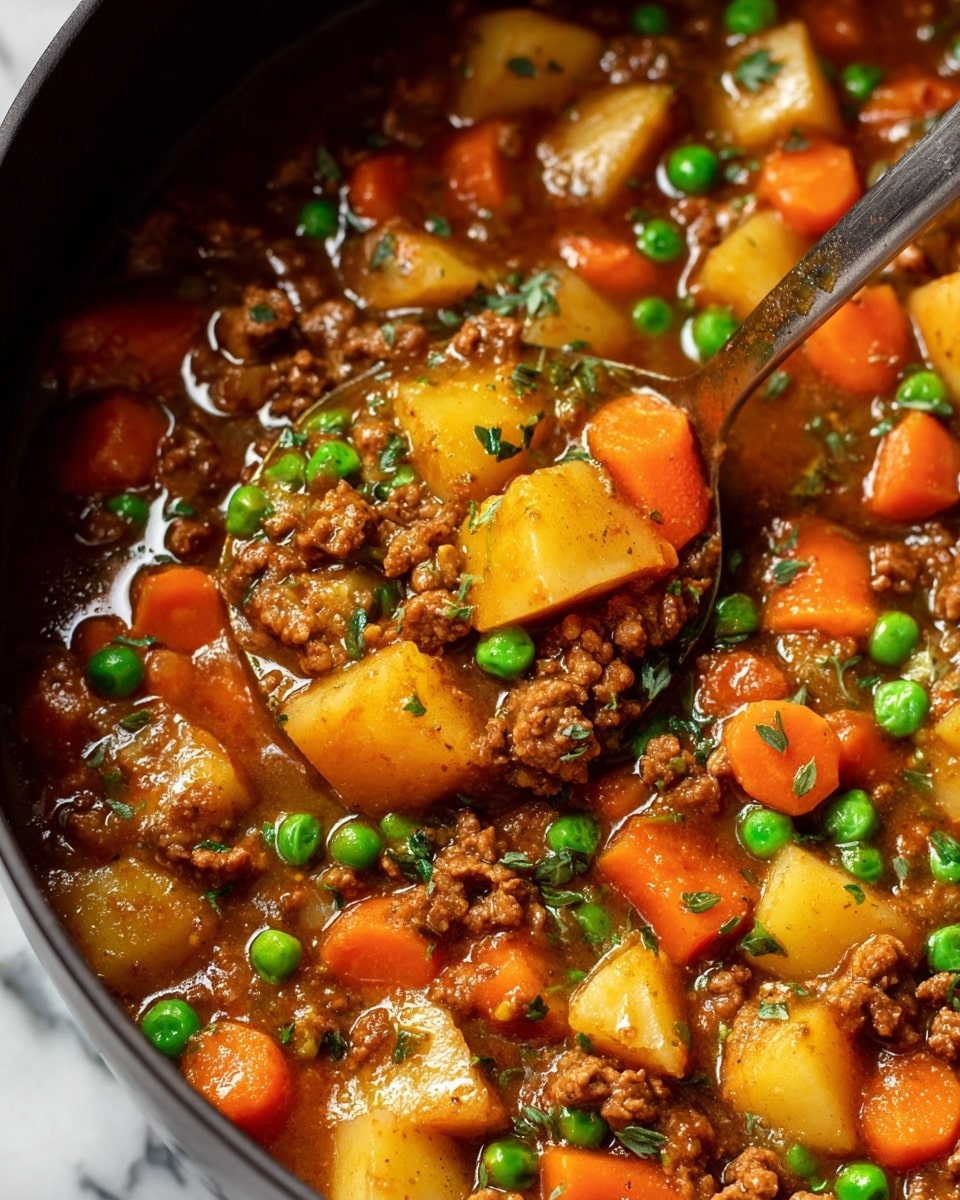 The image shows a close-up of a stew with four main layers of ingredients mixed together: bright orange carrot slices, light yellow potato chunks, vibrant green peas, and crumbled brown cooked ground meat. These ingredients are coated in a thick, glossy brown sauce with small pieces of herbs sprinkled on top. A metal spoon is partially visible, scooping some stew from a dark pot. The background is a white marbled texture. photo taken with an iphone --ar 4:5 --v 7