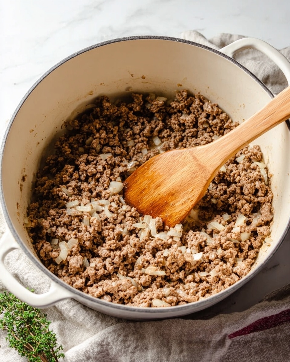 Inside a white pot with handles on both sides, there is a mix of browned ground meat and small white onion pieces. The texture looks crumbly with some soft bits of onion spread evenly throughout. A wooden spoon with a smooth light brown surface is resting in the mix, slightly lifting some of the meat. The pot is set on a white marbled surface with a bit of a cloth visible nearby. Photo taken with an iphone --ar 4:5 --v 7