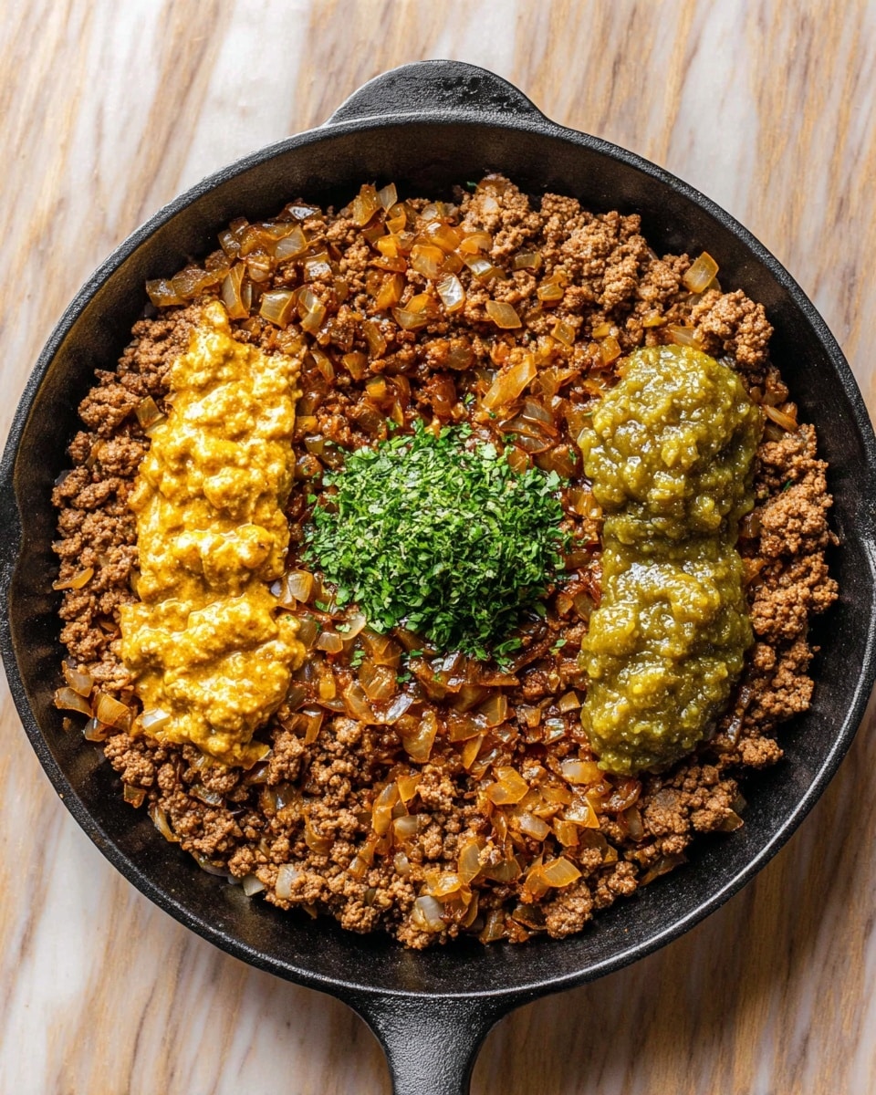 A black cast iron pan filled with a large layer of cooked ground meat mixed with small pieces of translucent onion, giving a brown and slightly orange texture. On top of the meat, there are three dollops arranged in a rough triangle: two greenish chunky sauces on the right side and a yellowish chunky sauce on the left side. Below the sauces in the middle, there is a small pile of chopped fresh green herbs. The pan sits on a white marbled surface. Photo taken with an iphone --ar 4:5 --v 7