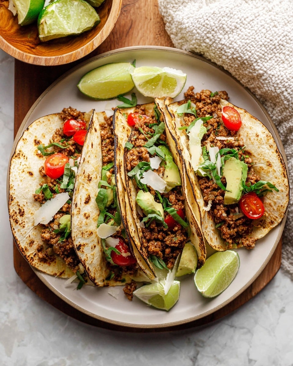 Three soft corn tortillas with light char marks are arranged side by side on a round white plate on a white marbled surface. Each tortilla is filled with a layer of browned ground meat mixed with small pieces of cooked vegetables. On top of the meat, there are bright green chunks of avocado, halved cherry red tomatoes, thin strips of white cheese, and thinly sliced dark green leafy herbs. Two lime wedges are placed on the left side of the plate between the first tortilla and the plate edge. To the top left, a wooden bowl with lime wedges sits nearby, and a white textured cloth is to the top right. Photo taken with an iphone --ar 4:5 --v 7