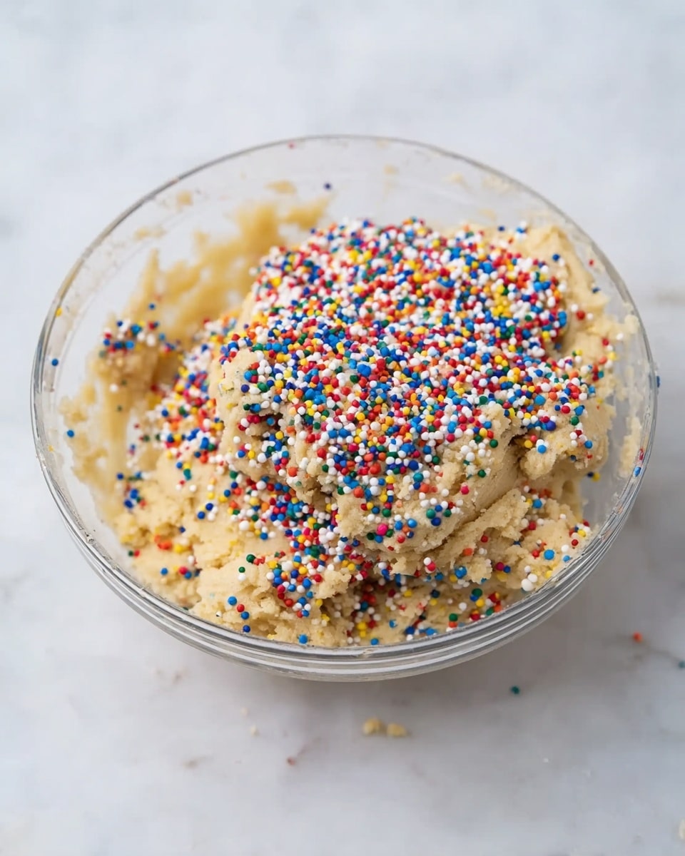 A clear glass bowl filled with pale beige cookie dough, topped with a large pile of small, round, colorful sprinkles in red, blue, yellow, green, white, and orange, sprinkled evenly over the dough. The bowl sits on a white marbled surface and some dough is stuck to the sides of the bowl. Photo taken with an iphone --ar 4:5 --v 7
