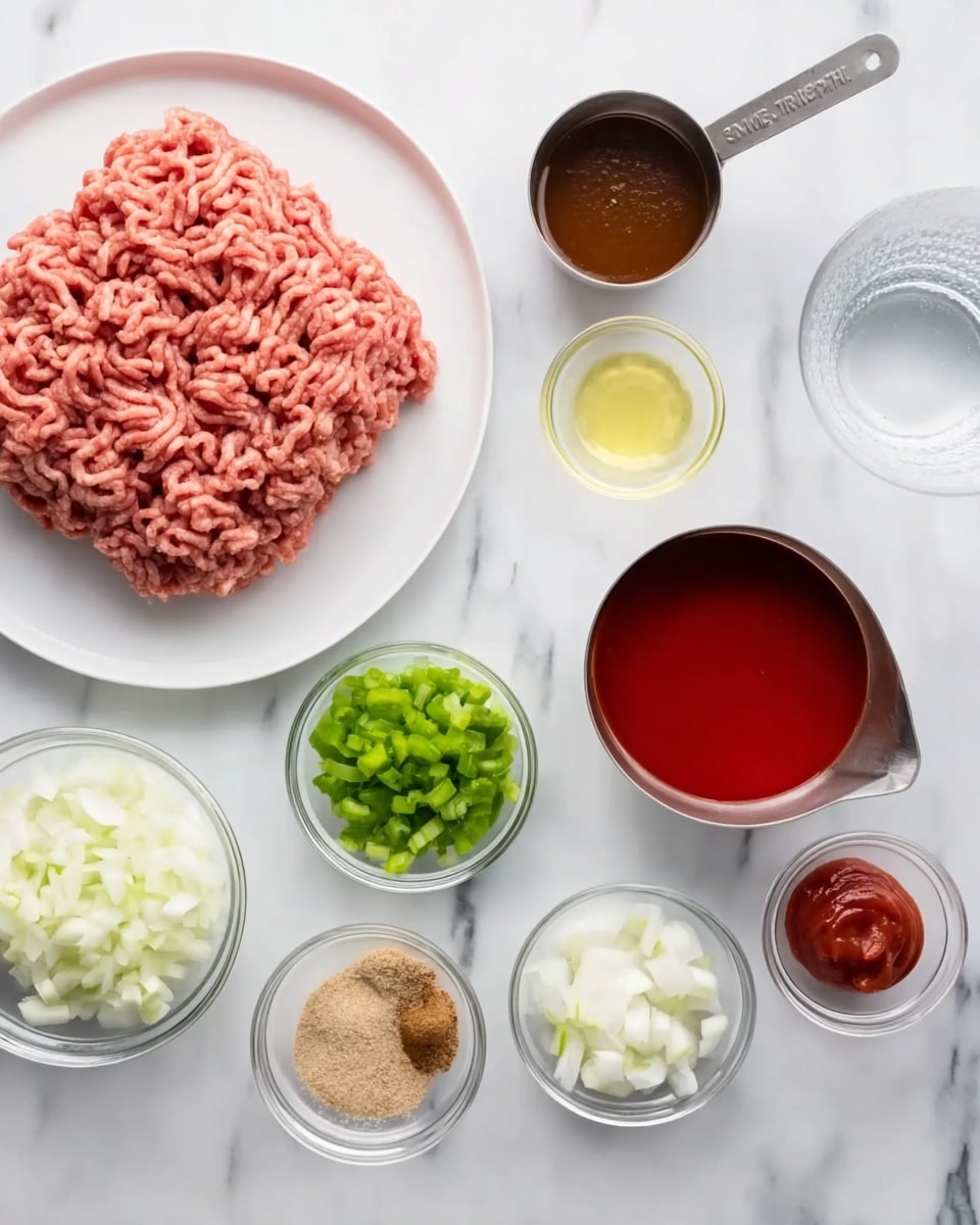 The image shows a white plate with a flat layer of raw ground meat in the top left, surrounded by small clear bowls of different ingredients on a white marbled surface. At the top right, there is a round small bowl with a dark brown sauce inside, next to a metal measuring cup filled with a bright red sauce. Below the plate, from left to right, there are three small clear bowls holding chopped white onions, chopped green peppers, and minced ginger, with a small bowl of brown powder seasoning near the center. A little bowl of light yellow liquid and a small clear bowl of red paste are near the bottom right, along with a glass of clear water on the far right. The layout is neat, and the colors range from pink and red to green and white. Photo taken with an iphone --ar 4:5 --v 7