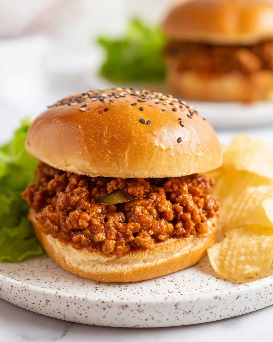 A close-up view of a sandwich on a white speckled plate with a white marbled surface underneath. The sandwich has three main layers: the bottom layer is a toasted golden-brown bun base, the middle layer is a generous mound of saucy ground meat mixed with finely diced green peppers and a reddish-brown sauce, and the top layer is a glossy, round sandwich bun sprinkled with sesame seeds and poppy seeds. To the right side of the plate, a few light golden potato chips are placed. In the background, part of another similar sandwich and some green leafy lettuce are softly blurred. Photo taken with an iphone --ar 4:5 --v 7
